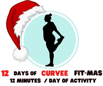 Logo featuring pregnant silhouette with Santa hat promoting 12 days of Curvyee Fit-Mas activity.