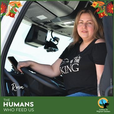Woman named Rosa sits in a vehicle, smiling confidently at the camera.