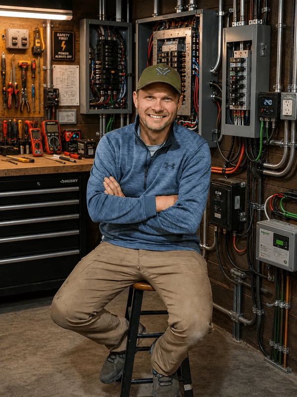 Man sitting on a stool in a well-equipped workshop with electrical panels.