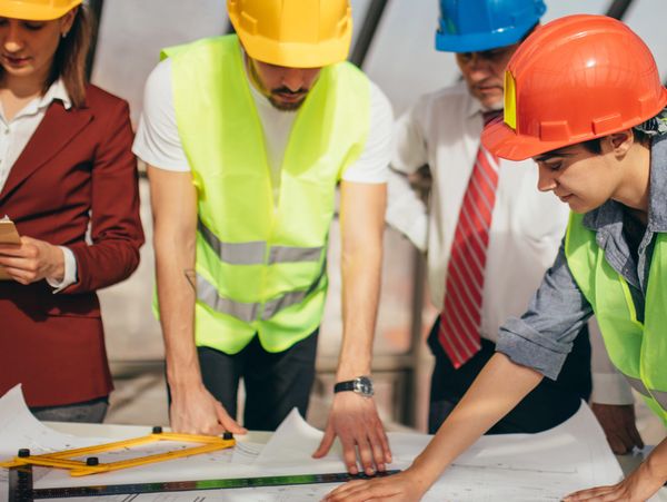 Construction team reviewing blueprints wearing helmets and safety vests.
