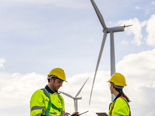 Two engineers in safety gear working near wind turbines.
