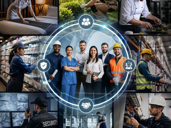 Diverse professionals united in various industries around a teamwork concept.