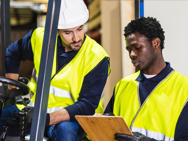 Two warehouse workers in high-visibility vests reviewing a clipboard.
