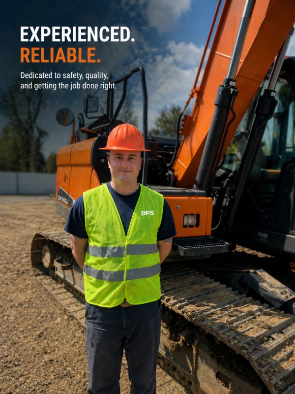 Construction worker in safety gear stands confidently by heavy machinery on site.