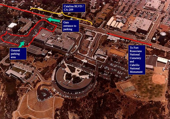 Aerial map with parking directions.