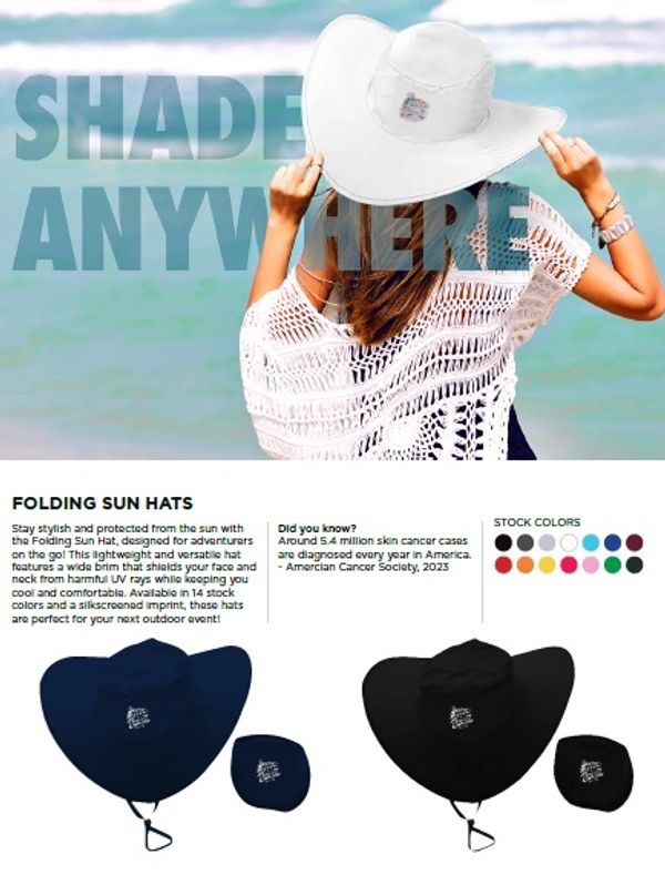 Woman wearing a white folding sun hat by the beach with text 'Shade Anywhere'.