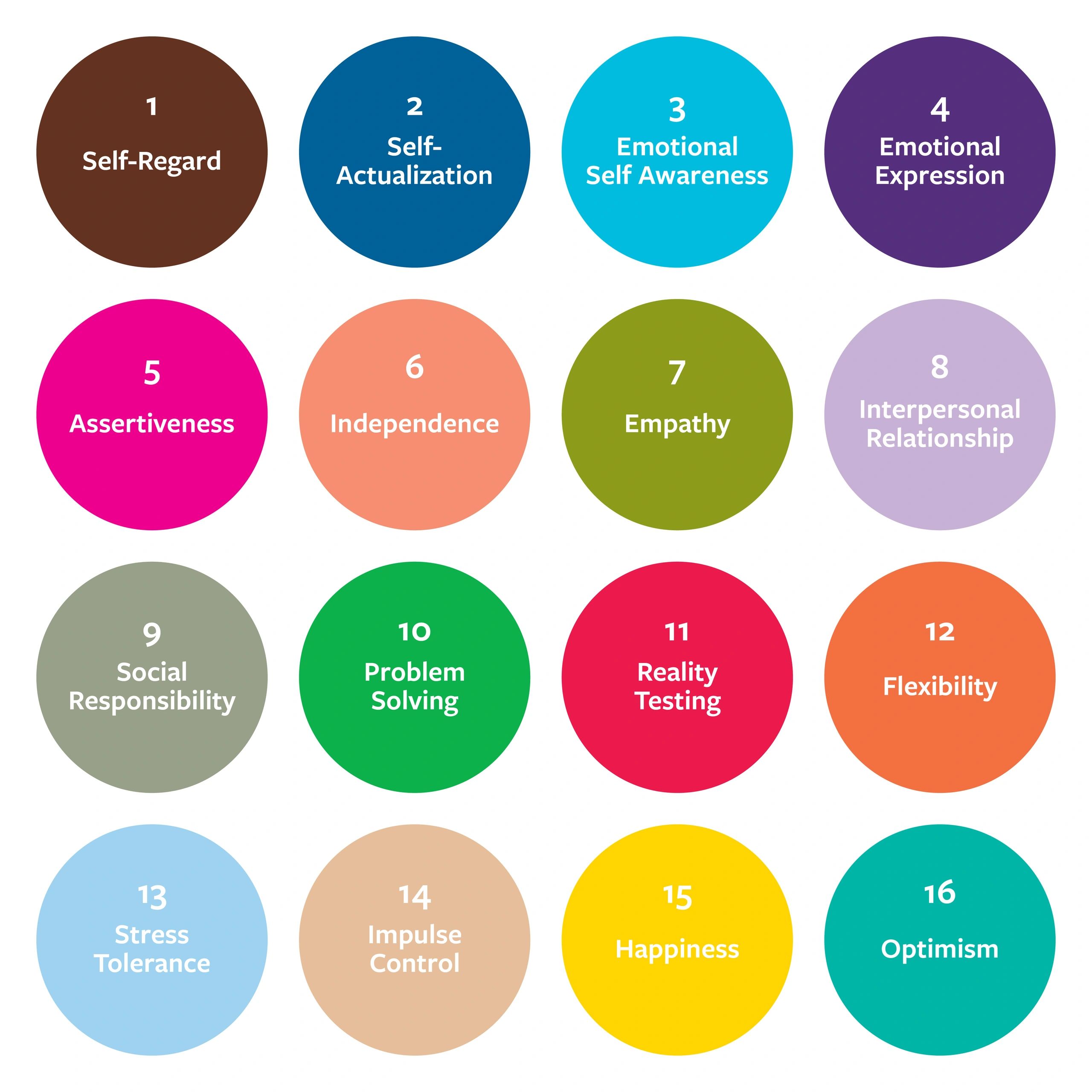 Colorful circles listing 16 emotional and social skills.