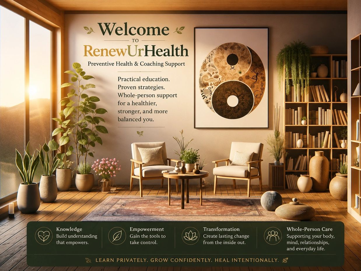 Cozy wellness space promoting RenewUrHealth with plants, books, and calming decor for holistic support.