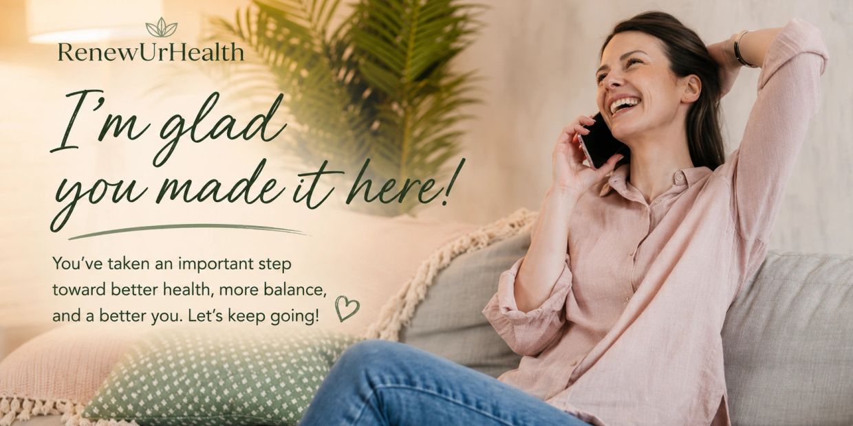 A happy woman on the phone with motivational health message beside her.