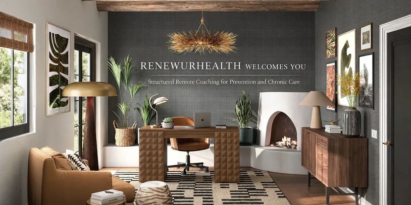 Modern office with warm tones, plants, and a welcoming sign for Renewurhealth coaching.