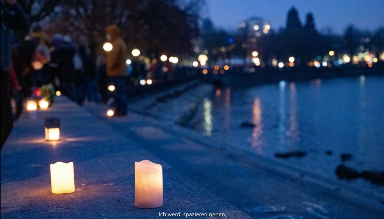 Protestierende stellen Kerzen am Maschseeufer ab
