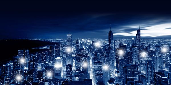 Connected city skyline  ROI-driven AI adoption Microsoft Copilot integration for modern businesses.