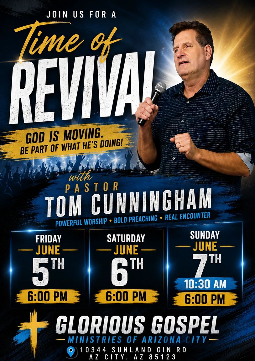 Church revival event with Pastor Tom Cunningham, June 5-7, featuring worship and preaching.