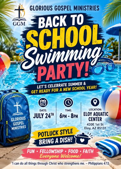 Back to School Swimming Party flyer with details and vibrant pool background.