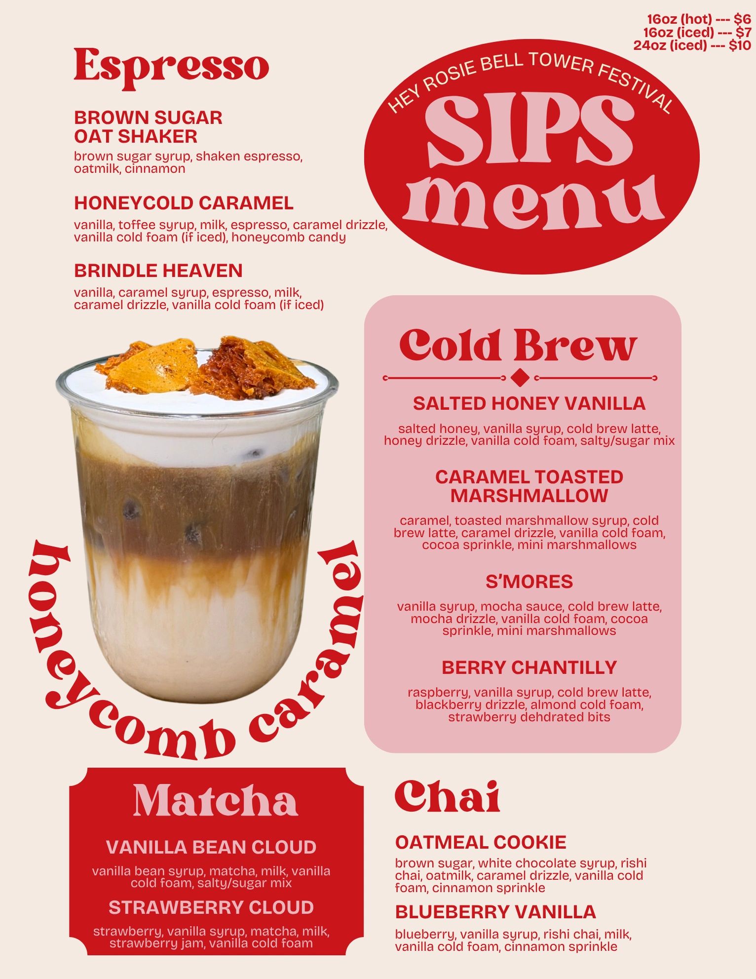 Coffee menu featuring espresso, cold brew, matcha, and chai drinks with detailed ingredients and prices.