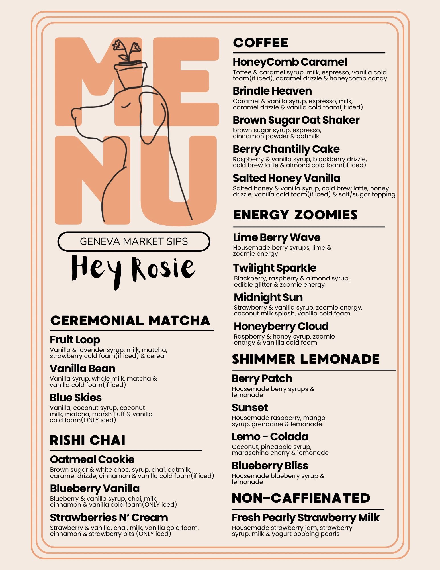 Geneva Market Sips menu with coffee, matcha, chai, energy, and non-caffeinated drinks.