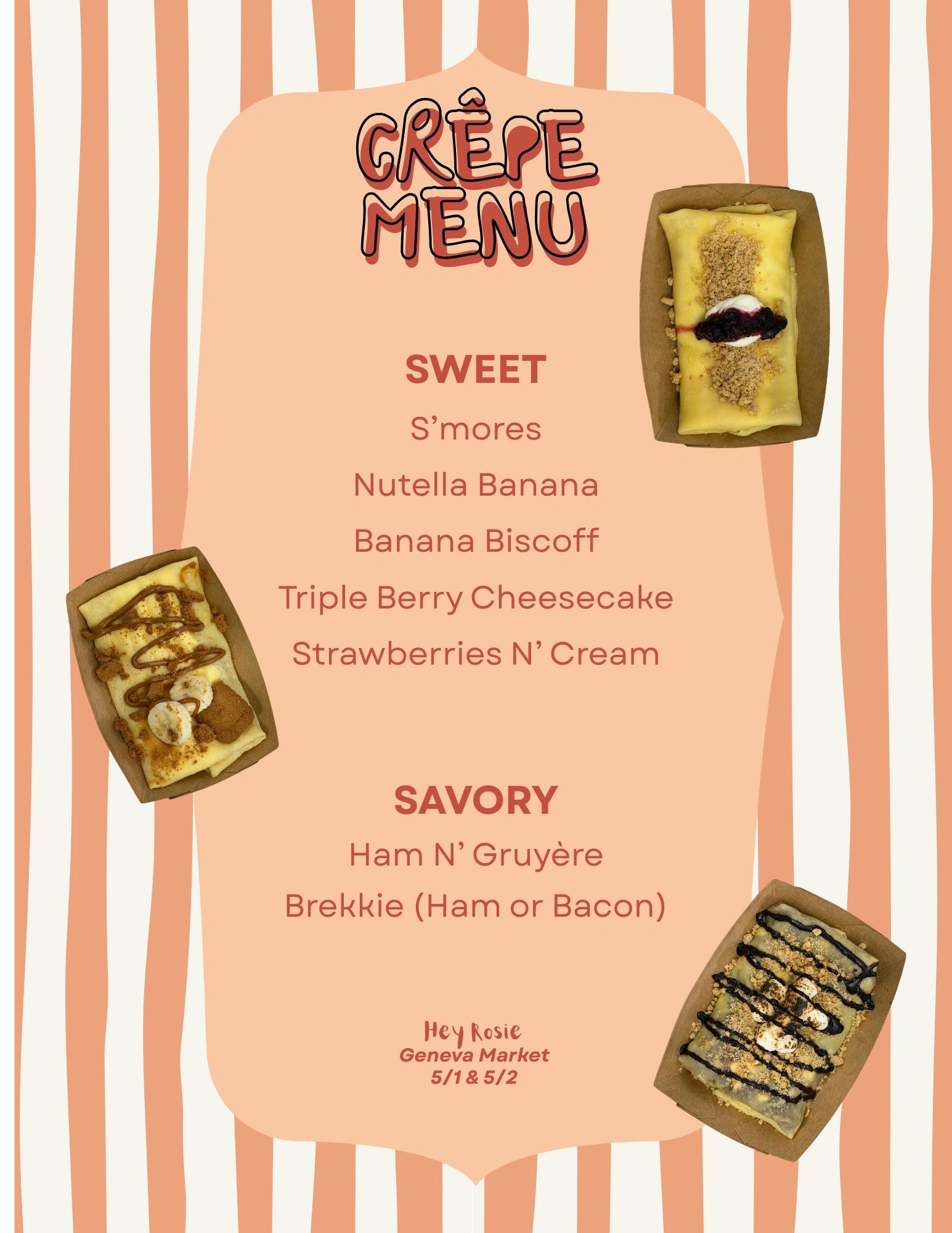 Colorful crepe menu with sweet and savory options at Hey Rosie Geneva Market.