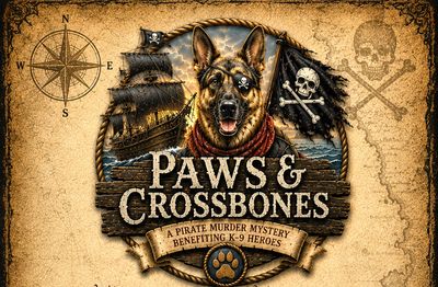 Pirate-themed K-9 mystery logo with German Shepherd.