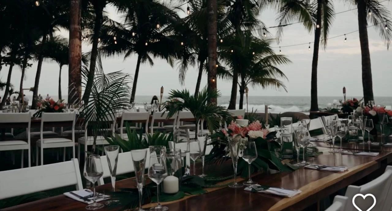 Mesa elegante con vista al mar y palmeras.