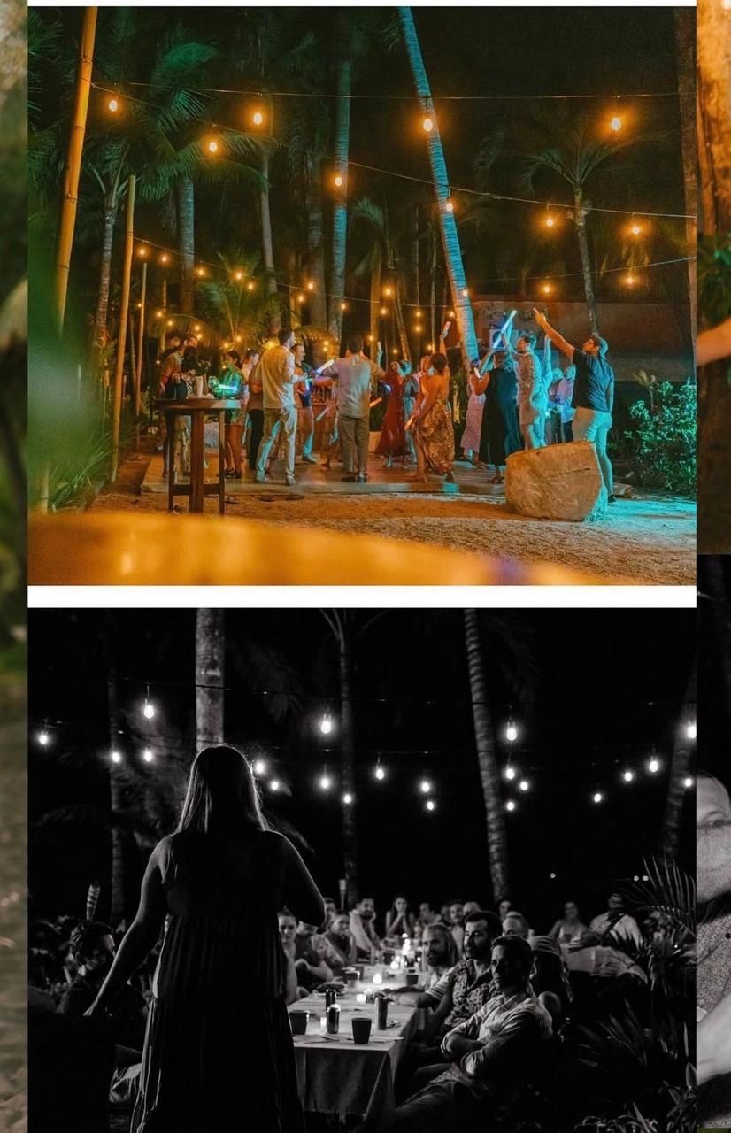 Fiesta nocturna al aire libre con baile y cena bajo luces.