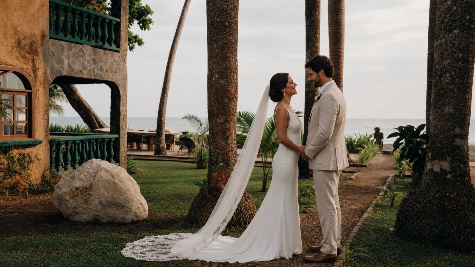 Pareja de novios posando al aire libre con vista al mar.