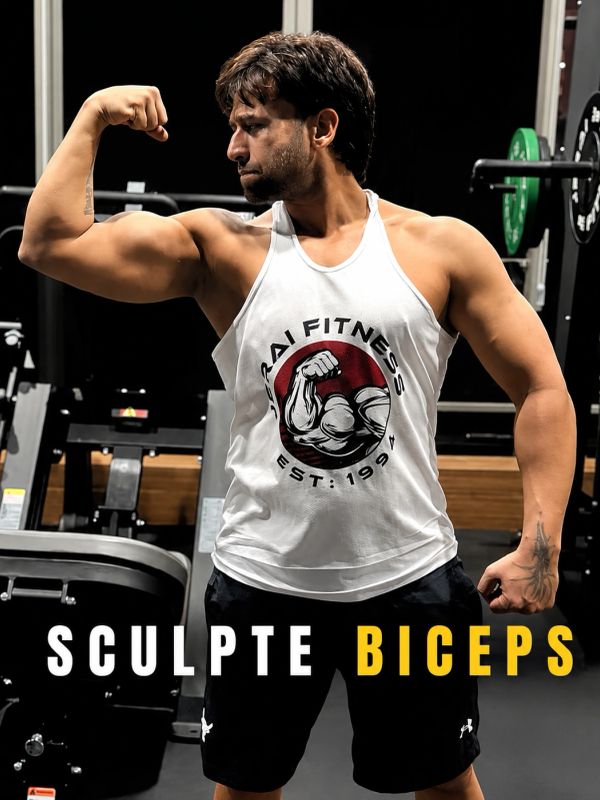 Man flexing biceps in a gym wearing a white tank top with fitness logo.
