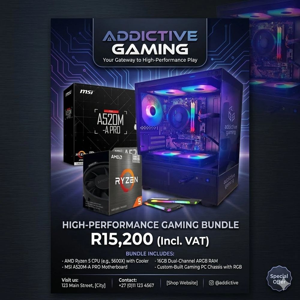 High-performance gaming bundle featuring AMD Ryzen 5 and MSI motherboard with RGB lighting.