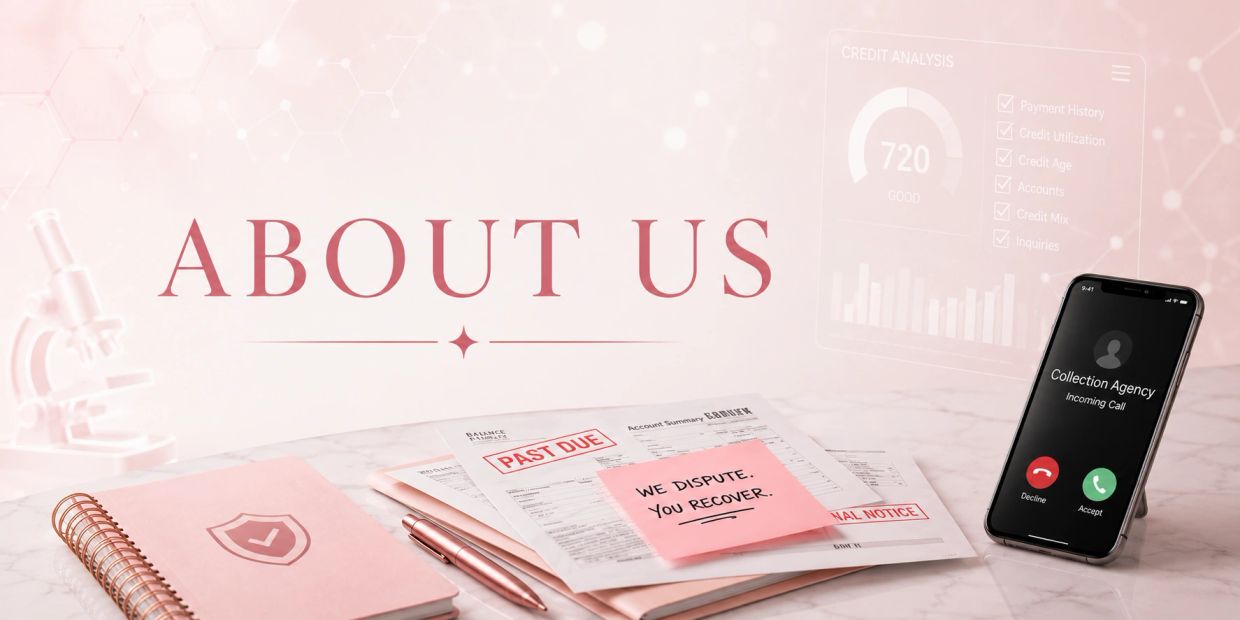 About us banner with debt recovery theme, showing past due notices and a call from a collection agency.