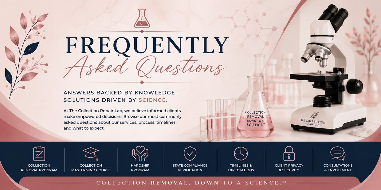 FAQ section for The Collection Repair Lab with scientific theme and service icons.