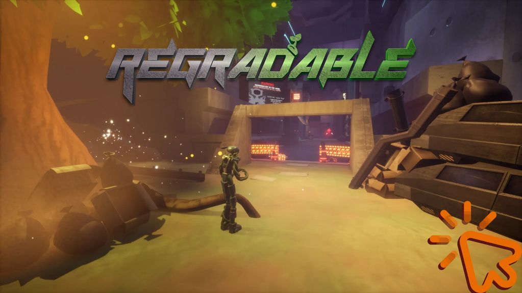 Futuristic game scene with a robot under a tree.