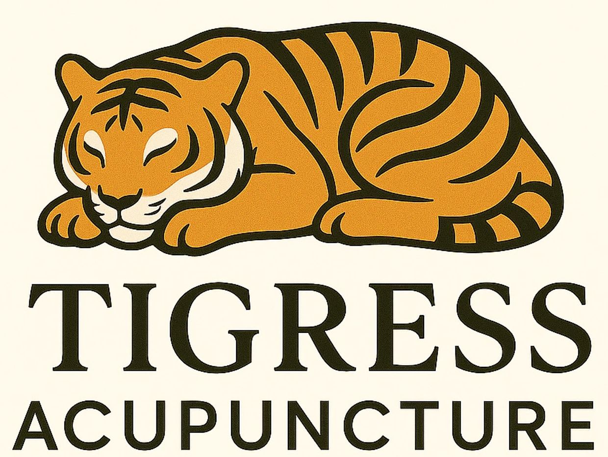Drawing/logo of a sleeping orange tigress with the text of "Tigress Acupuncture" underneath