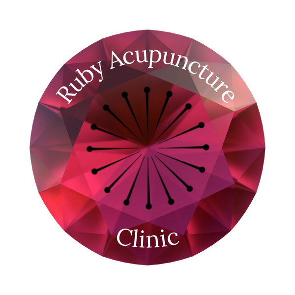 Ruby Acupuncture Clinic's logo of a round cut ruby with needles in a circle pointing to the center