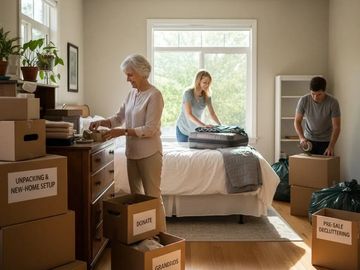 Family unpacking boxes in a sunlit bedroom after moving.
