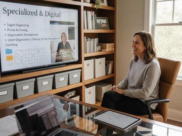 Woman giving a presentation on digital organization in a cozy office.