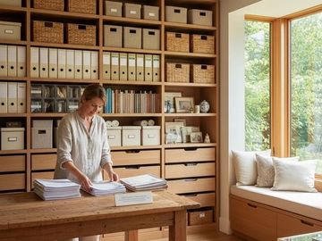 Woman organizing papers in a cozy, well-lit home office with wooden shelves.