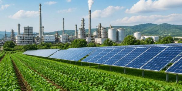Solar panels in front of an industrial plant.