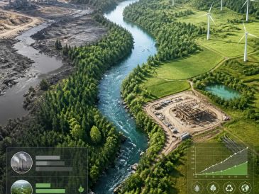 Aerial view of a river flowing between forested and industrial areas with wind turbines.