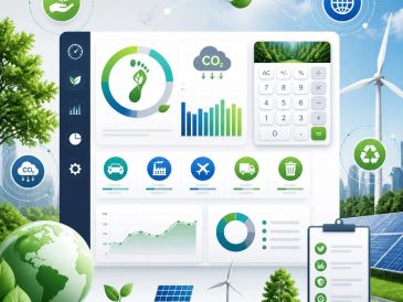 Sustainability and environmental impact dashboard with eco-friendly icons.
