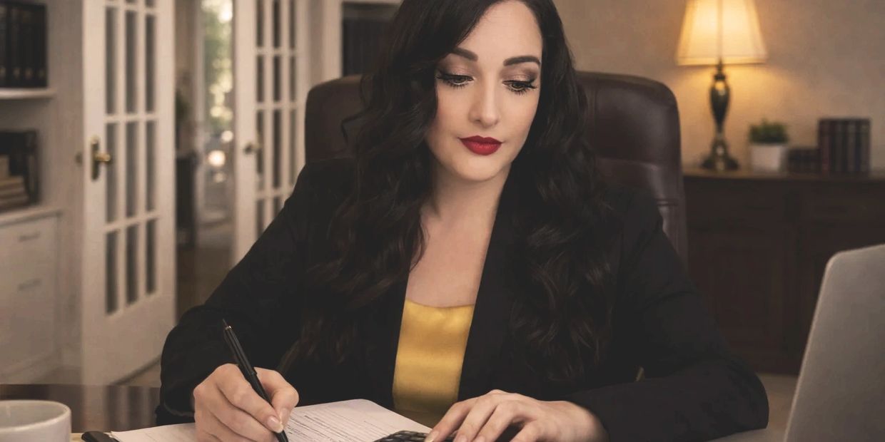 A woman with dark hair writes on a document at a desk in a cozy office.