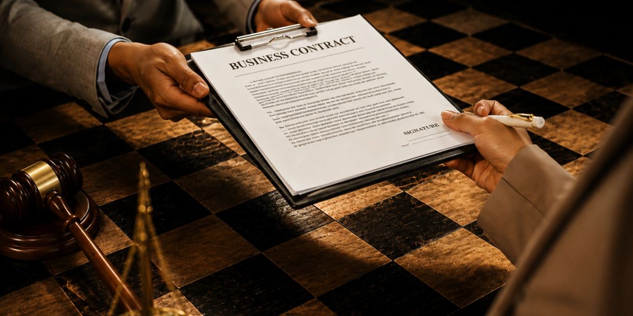 Person signing a business contract handed over on clipboard.
