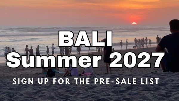 Beach sunset in Bali with a call to join the summer 2027 pre-sale list.