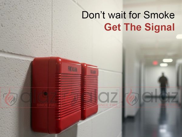 Red fire alarms on wall with safety message to act early.