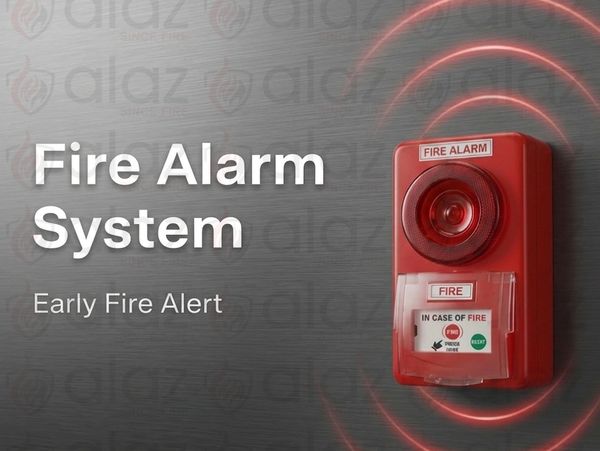 Red fire alarm system with early fire alert text on gray background.