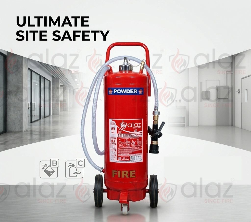 Large red powder fire extinguisher promoting ultimate site safety.