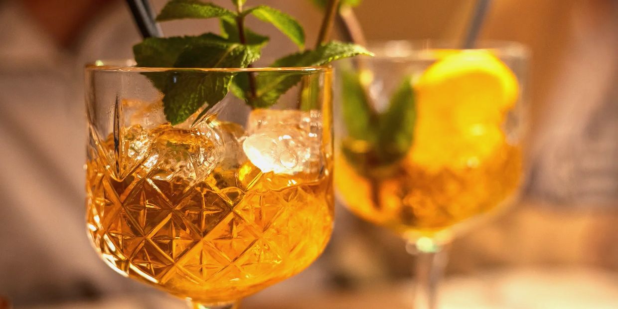 Two cocktails with mint and orange garnish.