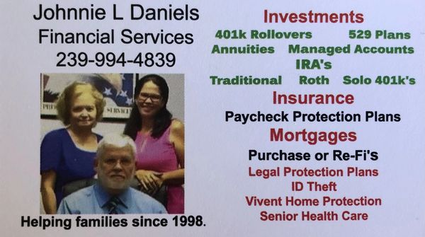 Three business people smiling. Johnnie L Daniels Financial Services with list of services offered.