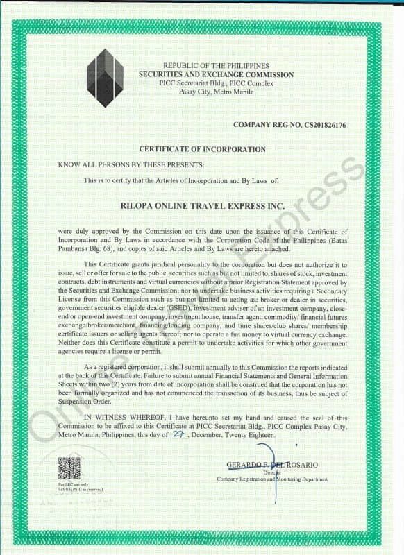 Certificate of Incorporation for Rilopa Online Travel Express Inc. from the Philippine SEC.