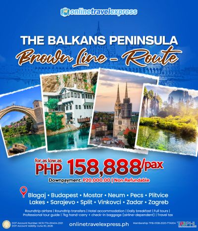Promotional poster for Balkan Peninsula travel route with scenic photos and pricing details.