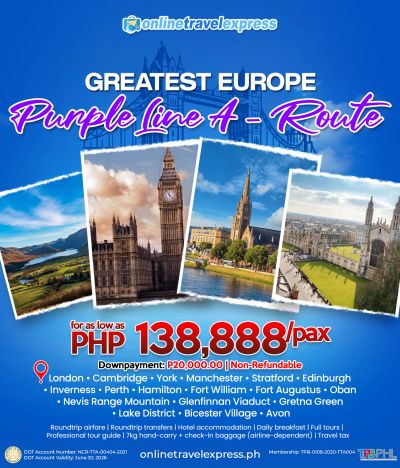 Promotional poster for Purple Line A Europe tour priced at PHP 138,888 per person.
