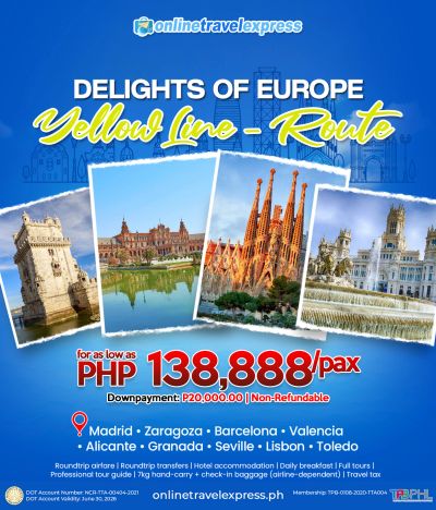 Promotional poster for Europe's Yellow Line route with iconic landmarks and pricing details.